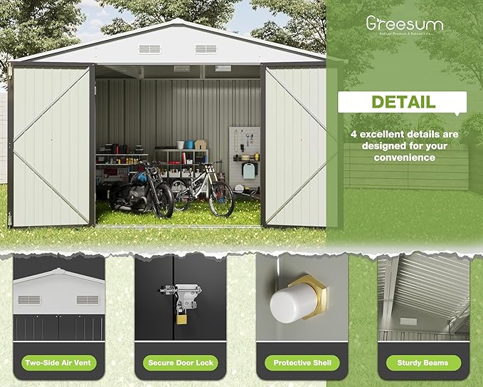 Greesum 10x10FT Outdoor Storage Shed, Utility Tool Shed Metal Storage Garden Shed with Door & Lock for Patio Storage, Gray
