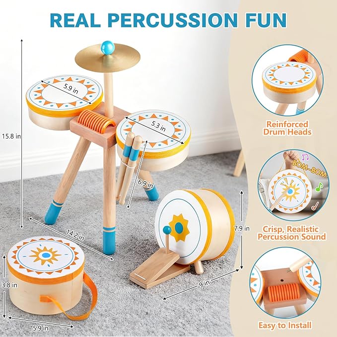 Kids Wooden Drum Kit, Montessori Musical Instruments for Toddlers, Baby Percussion Set Music Toys with Cymbal, Pedal Bass Drum & 2 Drumsticks, Educational Learning Birthday Gift for Boys Girls Ages 3+