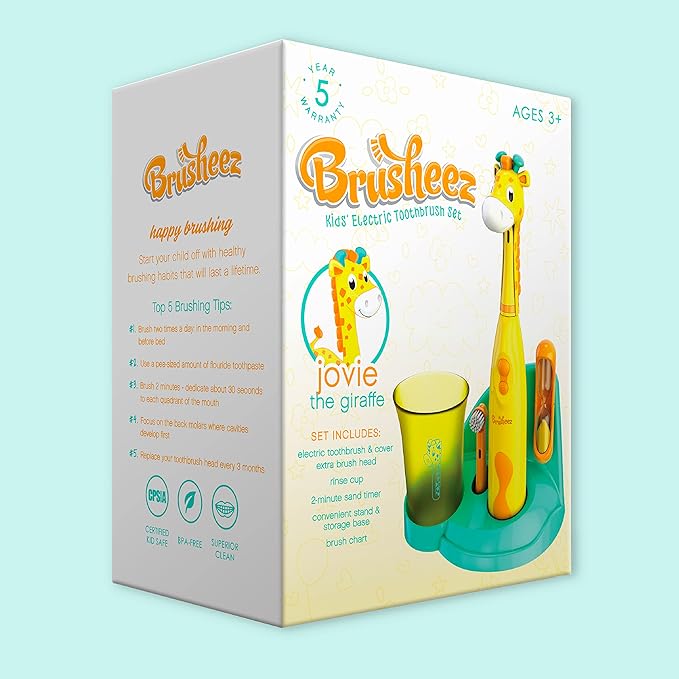 Brusheez Kids’ Electric Toothbrush Set - Safe & Effective for Ages 3+ - Parent Tested & Approved with Gentle Bristles, 2 Brush Heads, Rinse Cup, 2-Minute Timer, & Storage Base (Jovie The Giraffe)