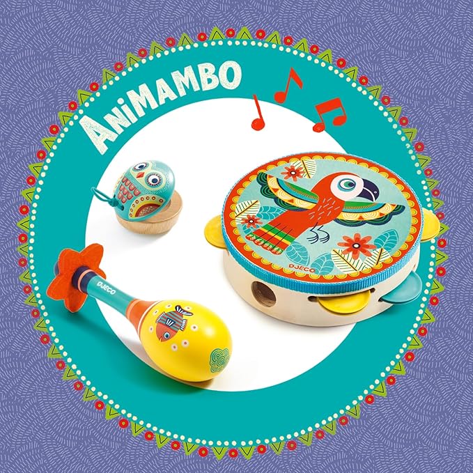 DJECO Animambo Tambourine, Maraca, Castanet Music Instrument Set - Cute Parrot, Fish & Owl Design Toddler Educational Musical Toy for Creativity & Rythym - Toys for 3+ Years Girls & Boys