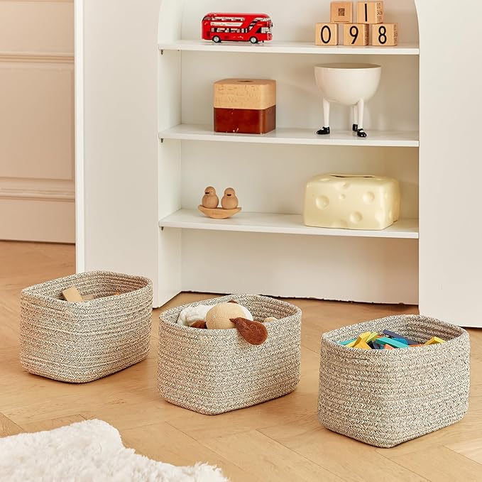 Small Cotton Rope Storage Basket Set of 3-11"x7"x7" Perfect Woven Baskets for Storage, Ideal Storage Baskets for Organizing Toys, Towels, and More - Baskets for Shelves and Home Decor（Beige）