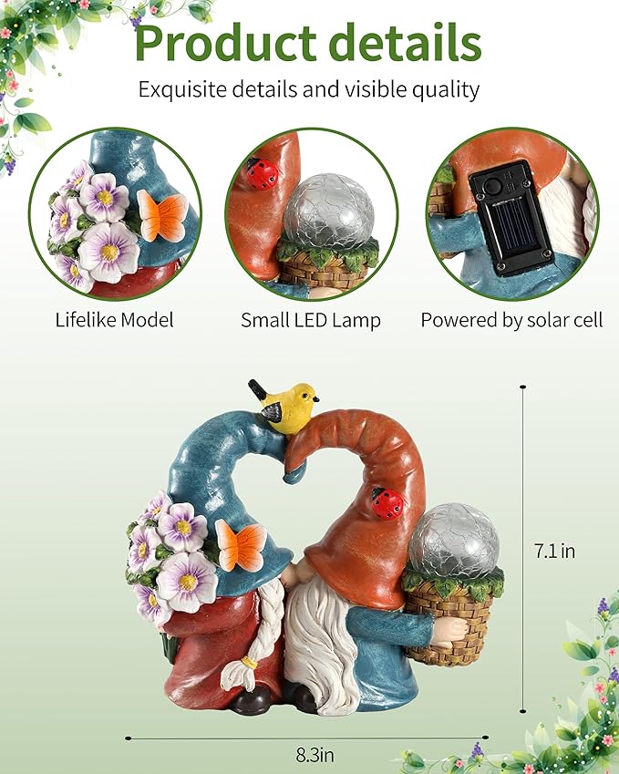 iStatue Solar-Powered 8.3'' Spring Summer Kissing Gnomes Decorations for Home & Garden - Decorative Outdoor Lawn Ornaments and Statues Clearance (Loved Gnomes)