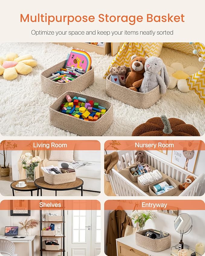 KALLAX Small Woven Basket, 13.5 x 9.5 x 5 Inches, Storage Basket for Organizing, Cute Small Rope Shelf Closet Cube Storage Bins Baskets for Shelves, Dog Toy Gift Baskets Empty, 3 Packs, Mixed Brown