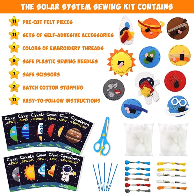 CiyvoLyeen Space Sewing Kit for Kids Solar System DIY Activity Kids Felt Craft Supplies for 7 8 9 10 11 12 Girls and Boys Educational Beginners Sewing Set of 11