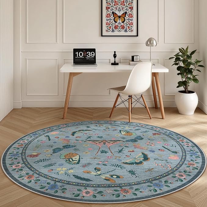 6ft Washable Round Rug - Bug Rugs for Living Room Non-Slip Low Pile Soft Ultra-Thin Machine Washable Circle Carpet for Bedroom, Entryway, Nursery, Kitchen, Home Office (6' Round Blue)