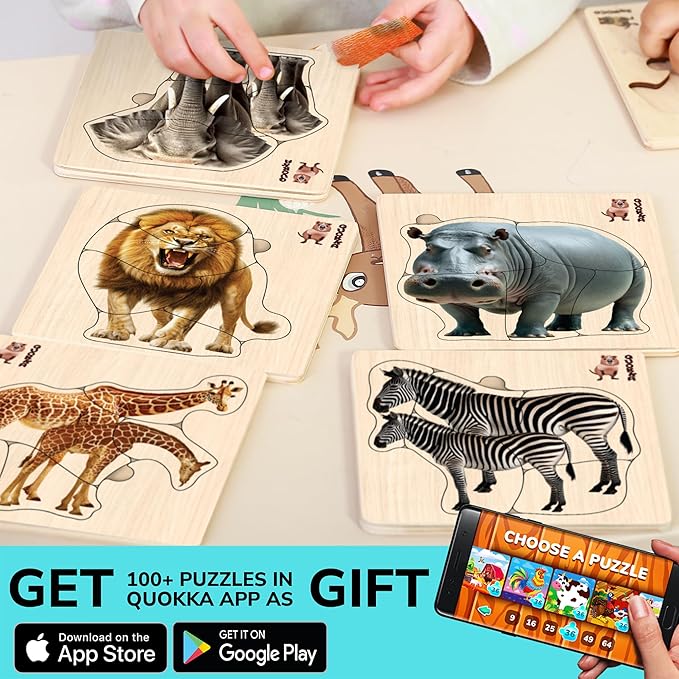 QUOKKA Realistic Wooden Puzzles for Toddlers 1-3 Year Old - 5,9 x5,9 Inches Kids Puzzles Ages 2-4 - Safari Montessori Toddler Toys - Motor Skills Games Gifts for Boys and Girls
