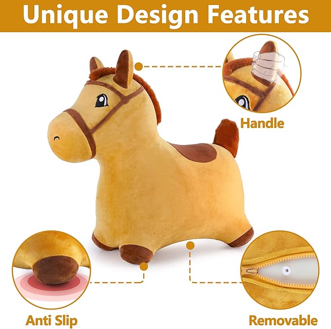 iPlay, iLearn Bouncy Pals Hopping Horse, Toddler Girl Boy Inflatable Bouncing Animal Hopper Toy, Outdoor Indoor Plush Ride on Bouncer, Baby Birthday Gift 18 Month 2 3 4 Year Old Kid - Horse