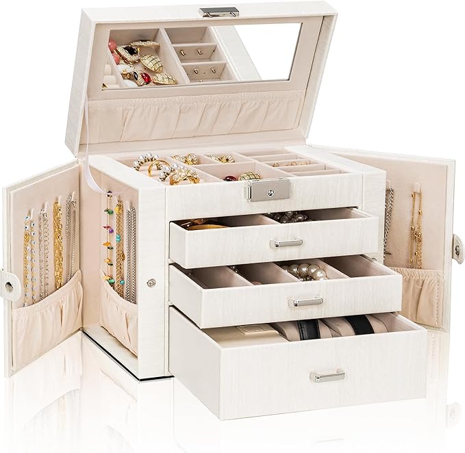 AKOZLIN 4-Tier Jewelry Box Lockable Leather Jewelry Storage Case Organizer with 3 Drawers for Women Girls Ring Necklace Earring Bracelet Watches Holder with Mirror