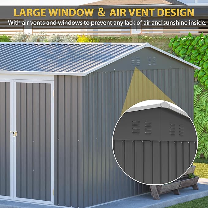 12x10 FT Outdoor Storage Shed with Floor Frame & Window, Heavy Duty Metal Garden Tool Shed with Double Lockable Doors, Waterproof Backyard Utility Shed for Bikes, Lawn Mowers, Tools, Equipment