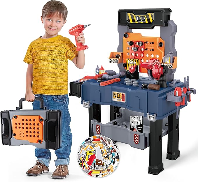 Kids' Tool Bench with 118 Realistic Pieces, Electric Drill & Stickers - Pretend Play Learning Gift for Boys & Girls Age 3-5