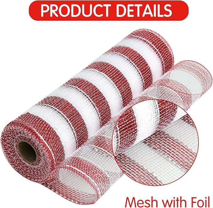 TONIFUL 2 Roll 10 Inch Red and White Striped Decorative Mesh Ribbon Rolls for Indoor Decor Christmas Valentine's Halloween Party Accessories Party Decoration Supplies (10yds/roll)