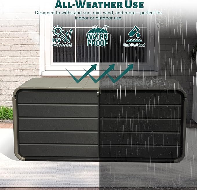 Domi 160 Gallon Outdoor Storage Box – Waterproof, UV-Resistant Deck Box with Lockable Lid for Patio Furniture, Garden Tools, Delivery Packages (Large Resin Storage Bin）