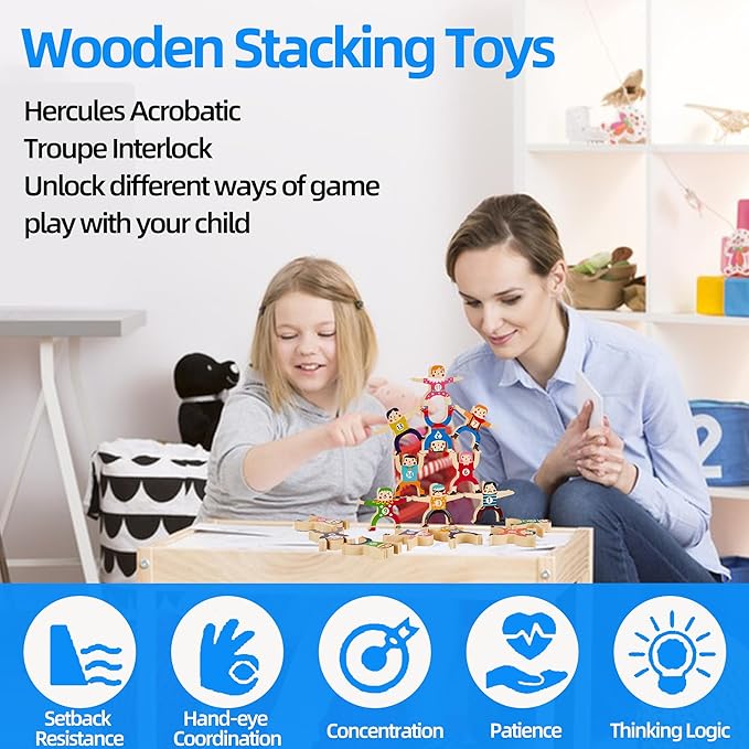 Wooden Stacking Toys,16Pcs Circus Hercules Acrobatic Troupe Interlock Toy,Balancing Building Blocks Game Toddler Puzzle Toys,for 3 4 5 6 Years Old Kids Adults