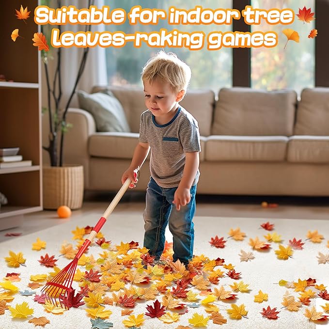Kids Friendly Rakes for Leaves - 28" Child Size Small Rake with Durable Metal Head & Hardwood Handle, Real Lawn Garden Yard Tools for 3+ Years Kids Enjoy Helping Work Gifts, 2 Pcs