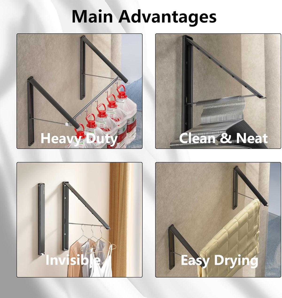Dr.DJ Clothes Drying Rack with Rod, Wall-Mounted Retractable & Foldable Clothes Hanger for Laundry Room Organization and Storage, Metal Clothes Hanger Rack for Dorm, Closet, Balcony 2Rack, 1Rod Black