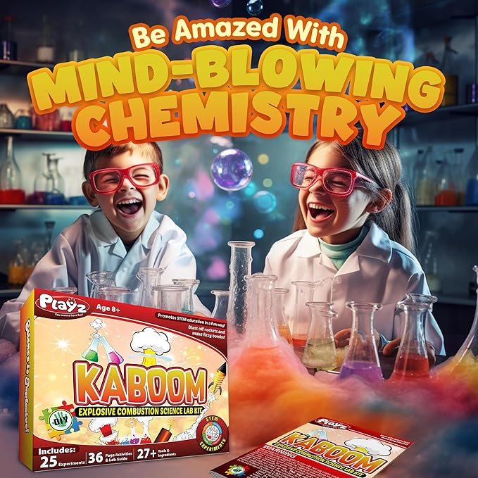 Playz Kaboom! 50+ Explosive Science Experiments Kit for Kids Age 8-12 with 25 Playz Lab Token Experiments - Chemistry Set STEM Learning & Educational Toys & Gifts for Boys, Girls, Teenagers & Kids