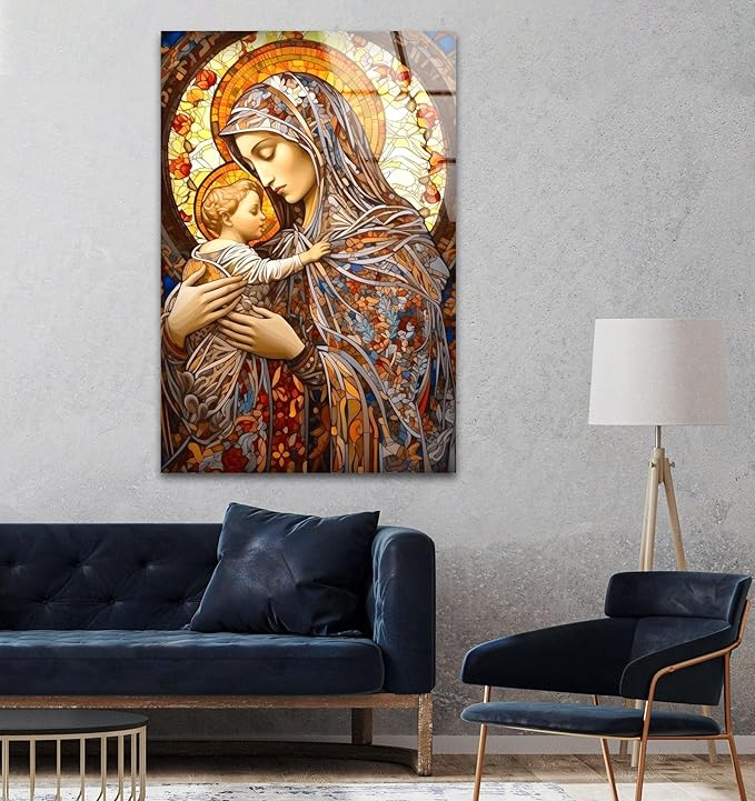My Photostation.com 27Wx43H'' Jesus and Virgin Mary Glass Wall Art Tempered Glass Printing Wall Decor Large Wall Art Wall Hangings