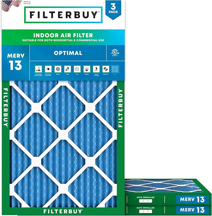 Filterbuy 12x36x1 Air Filter MERV 13 Optimal Smoke & Allergy Defense (3-Pack), Electrostatic Pleated HVAC AC Furnace Filters Replacement, Made in USA (Actual Size: 11.88 x 35.88 x 0.75)