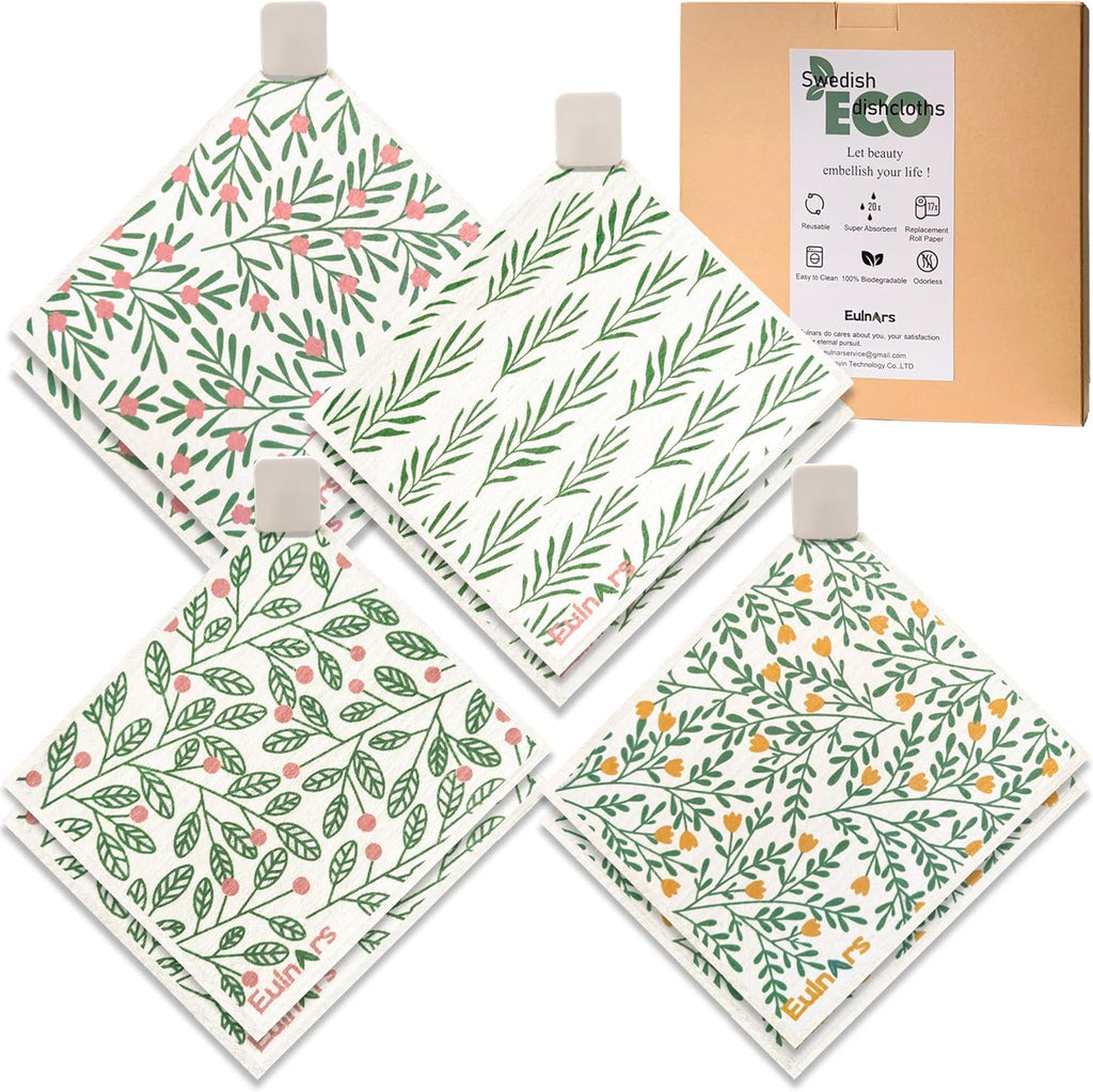 Swedish Dishcloths for Kitchen, 8 Pack Green Reusable Paper Towels with Clips, Non-Scratch Swedish Kitchen Towels, Super Absorbent Cellulose Sponge Cloths, Dishwasher Safe, No Odor