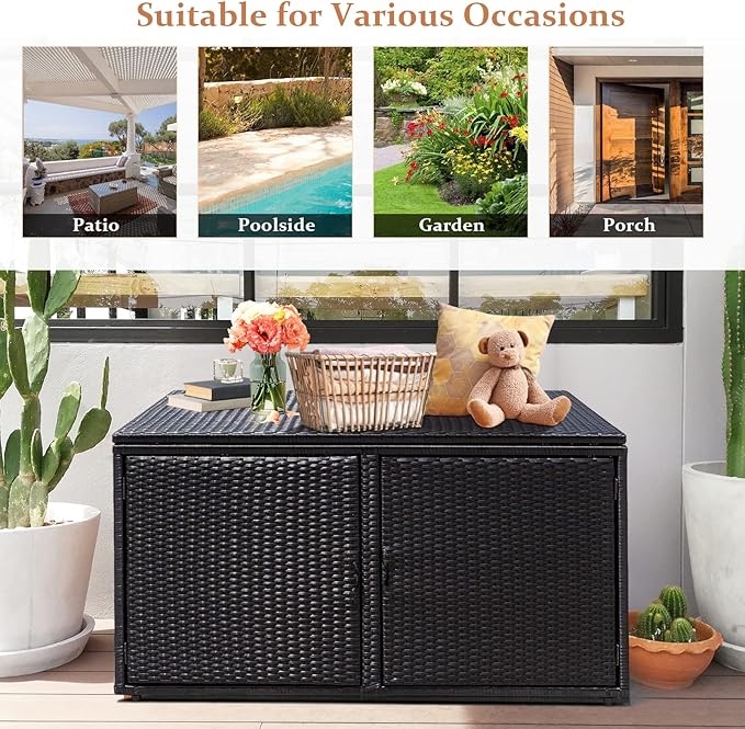 HAPPYGRILL Deck Box Outdoor Wicker Storage Box Cabinet, 88 Gallon Patio Rattan Storage Container Bin Box for Furniture Tools in Garden Balcony Porch Yard