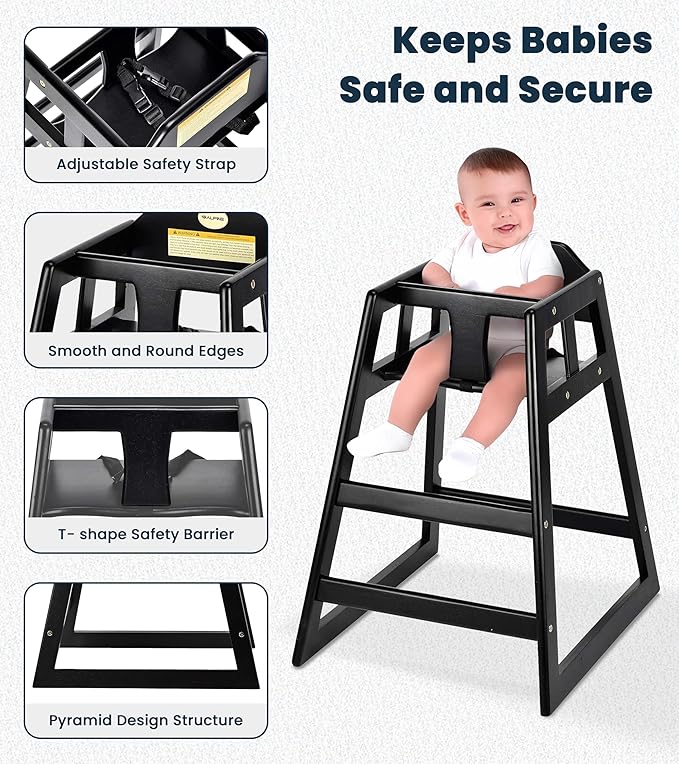 Alpine Wooden High Chairs for Babies and Toddlers with Safety Strap, Commercial Grade Restaurant High Chair, Durable Wood Space Saver Baby Feeding Chair, Ideal for Dining Spaces (2 Pack, Black)