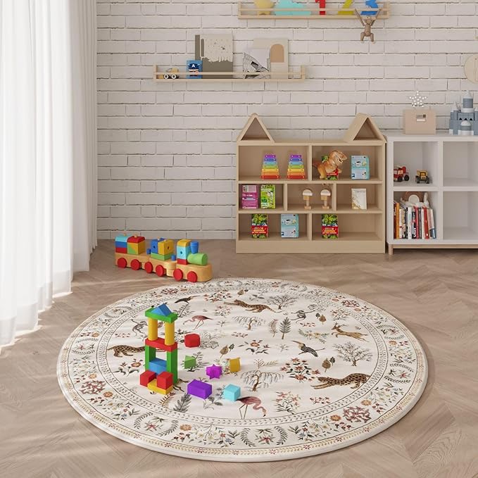 Rugcomf Round Rug 4ft Washable Circle Rug Non Slip Low Pile Boho Floral Animal Small Circular Rug for Bedroom, Bathroom, Entryway, Kids Room, Office, College Dorm (Beige)