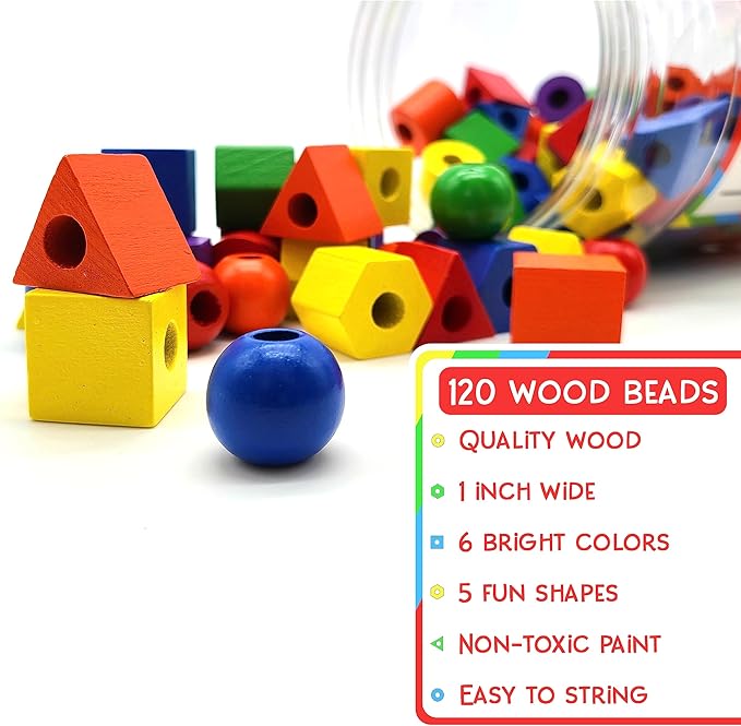 Wooden Lacing Beads for Toddlers 1-3 & 3-5 – 125 PCS with Storage Tub | Stringing Beads for Toddlers 1-3 & Fine Motor Skills Toy for Hand-Eye Coordination & Color Sorting