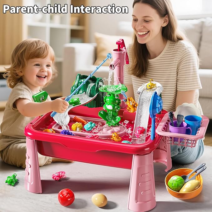 Water Table for Toddlers 3-5- Kids Play Sink with Pump and Running Water, Water Table for Kids Ages 4-8 with Fishing Game, Summer Outside Sensory Gift Toys for Boy and Girl 3 4 5 6 7 8 (Red)