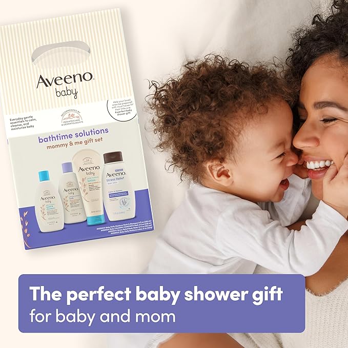 Aveeno Baby Bathtime Solutions Mommy & Me Gift Set, Baby Wash & Shampoo, Calming Bath, Daily Moisturizing Lotion & Stress Relief Body Wash for Mom, Nourishing Oat, Registry Must Haves, 4 items