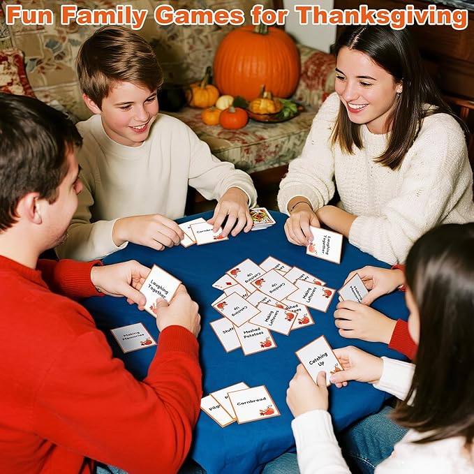 Yexiya Thanksgiving Charades Game for Family Party - 310 Cards with 1 Min Sand Timer & Blank Cards Turkey Day Family Game for Adults Groups