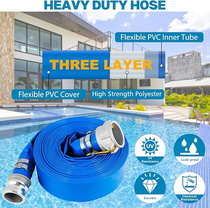 2" x 100 Ft Discharge Hose, Heavy Duty PVC Lay Flat Water Backwash Hose,Durable Pool Drain Hose with Aluminum CE Fittings for Water Pump And Filters