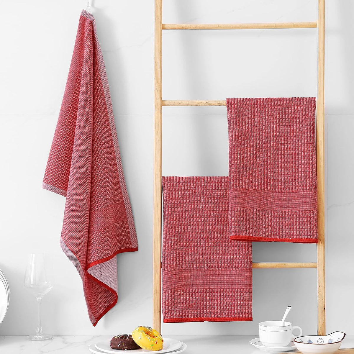 Homaxy Premium Kitchen Towels(18”x 28”, 12 Pack), Large Cotton Kitchen Hand Towels, Flat and Terry Dish Towels, 380 GSM Highly Absorbent Tea Towel Set with Hanging Loop, Red