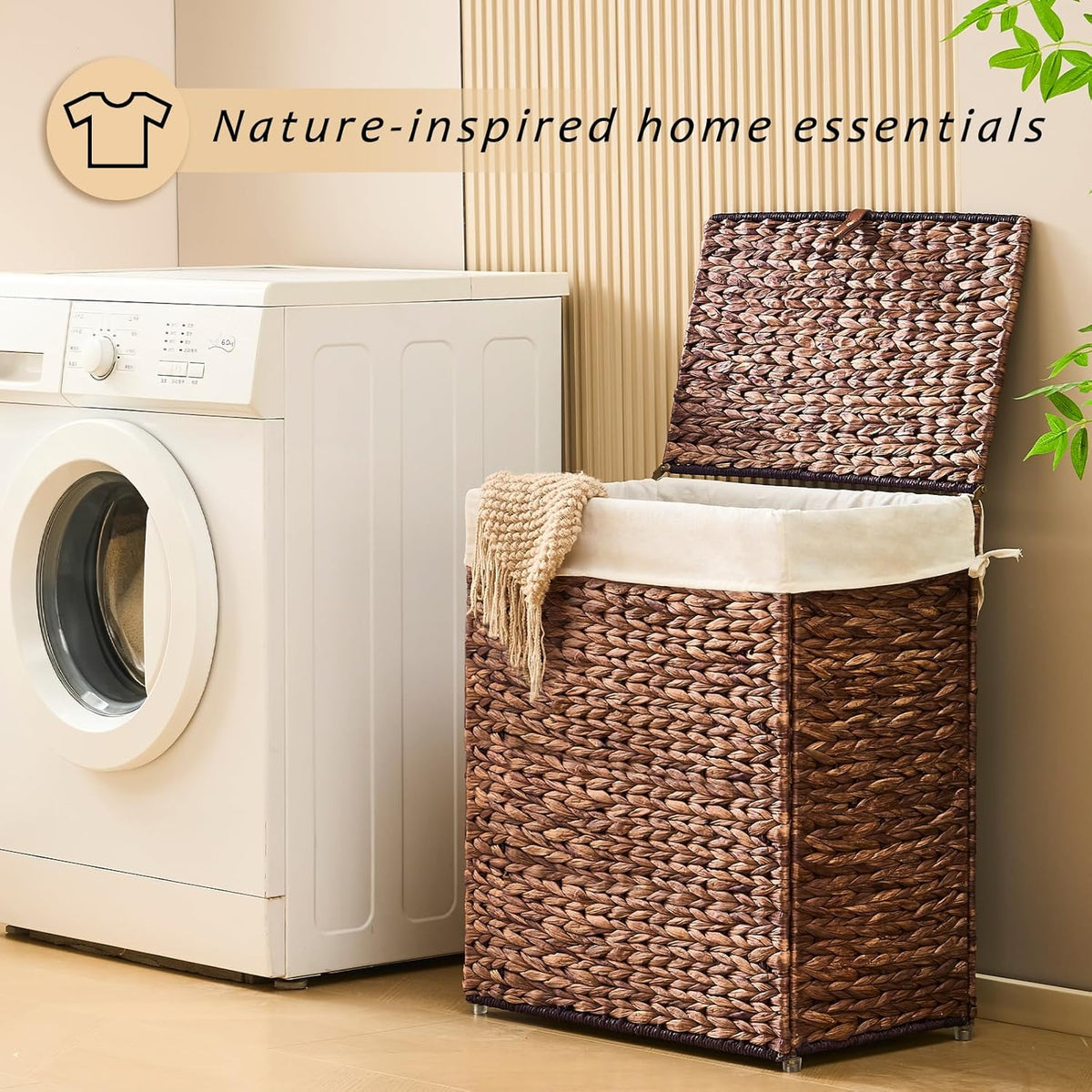 Handwoven Laundry Basket with Lid, Natural Water Hyacinth Storage Basket with Handle, Removable Cotton Liner, Durable and Stylish for Bedroom, Bathroom, Laundry Room