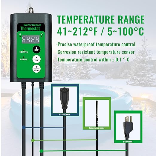 1500W Immersion Water Heater for Bathtub & Swimming pool – Portable Fully Submersible Electric Heater with Temp Control & GFCI for Hot Tub, Above Ground Pool, Inflatable Poo & Baptistry