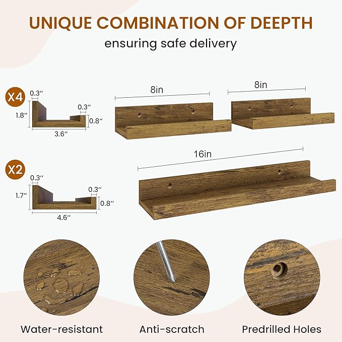 Axeman Picture Ledge Shelf, Floating Shelves for Wall Storage Set of 6, 16 inch Floating Wall Mounted Shelves, Wall Shelves with Lip for Living Room, Bedroom, Nursery, Bathroom, Kitchen, Rustic Brown