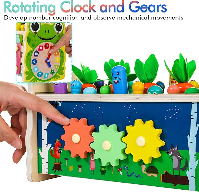 6-IN-1 Wooden Montessori Toys for 1 Year Old, Mole-Tapping Game | Play the Xylophone | Frog Clock | Carrot Harvest Game | Spinning Gear, Toddler Toys Aged 1-4, Baby Toy Gift for Early Learning