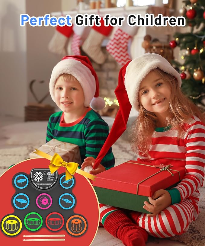 Electronic Drum Set, 9-Drum Practice Pad with Headphone Jack, Roll-up Drum Kit Machine with Built-in Speaker Drum Pedals and Sticks 10 Hours Playtime, Great Christmas for Kids
