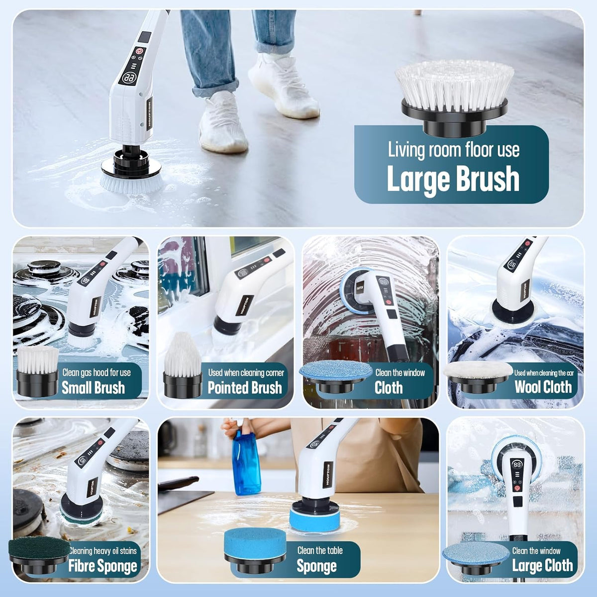 Electric Spin Scrubber, Cleaning Brushes for Household Use with 8 Replaceable Brush Heads, Power Scrubbers for Cleaning Bathroom, Extension Bath Brush Long Handle for Shower, Tub, Kitchen, Tile, Floor