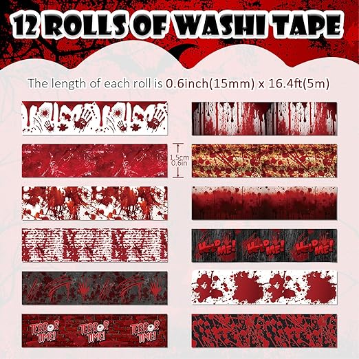 12 Rolls Halloween Washi Tape Bloody Printing Tapes Spooky Bloodstain Pattern Masking Tapes for Scrapbook Journal DIY Art Crafts Wrapping Decor 16.4FT