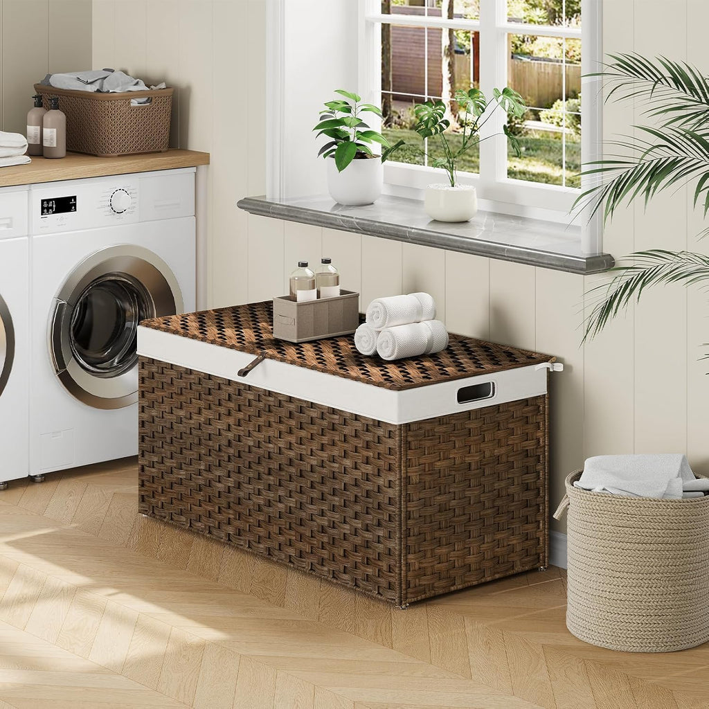 HOOBRO Storage Basket with Lid, 52.8 Gallon (200L) Wicker Basket, Handwoven Blanket Storage Basket with Handles, Metal Frame and Soft Lining, Foldable for Bedroom, Laundry Room, Brown BR220CW01