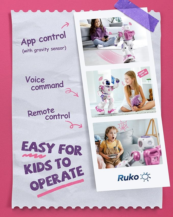 Ruko 1088 Smart Robot Toys for Kids, Large STEM Programmable Interactive RC Robot with Voice Control, App Control, Gifts for Boys & Girls Age 4 5 6 7 8 9, Pink