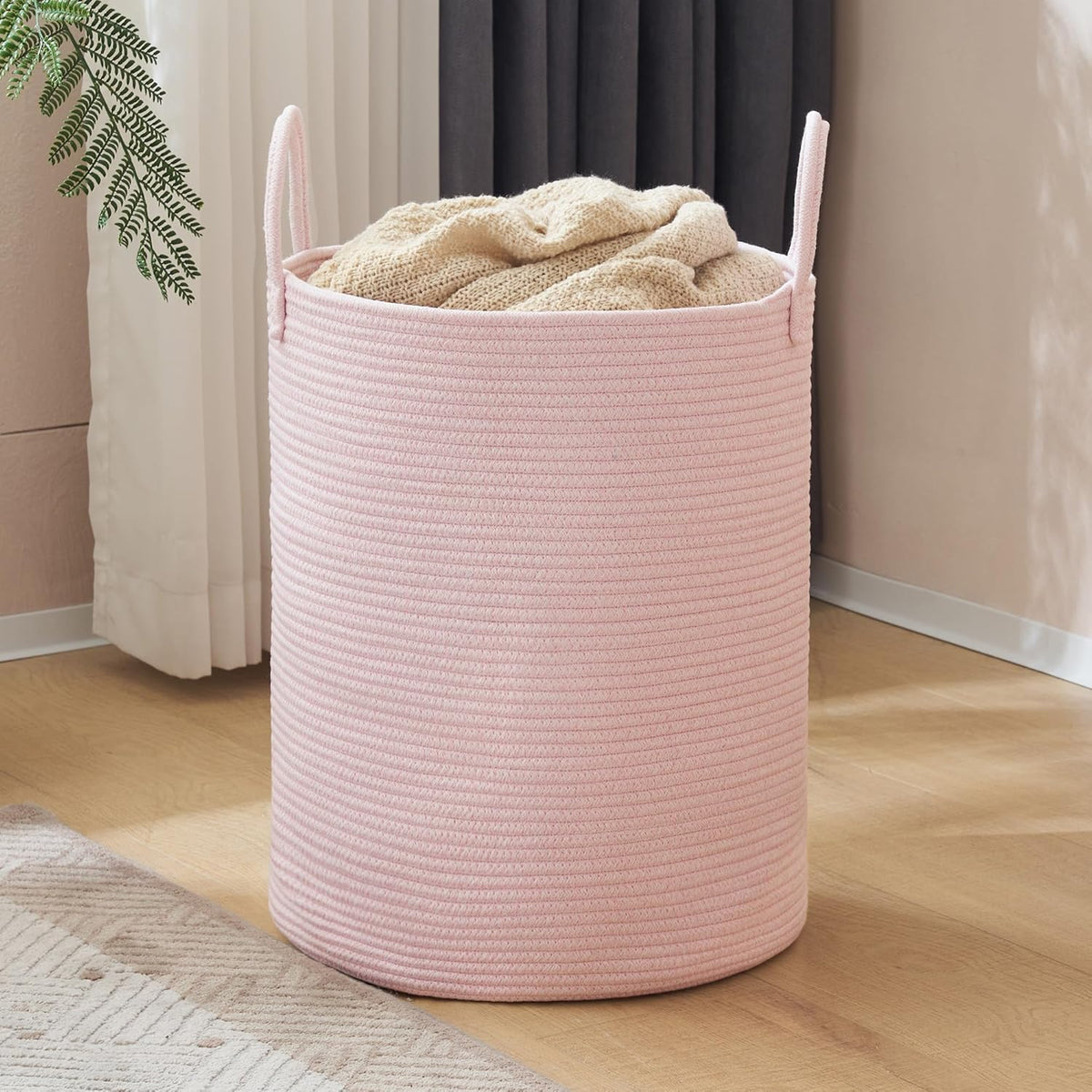 YOUDENOVA Woven Rope Laundry Hamper, 58L Tall Luandry Basket, Baby Nursery Hamper for Blanket Storage in Bedroom-Large-Pink