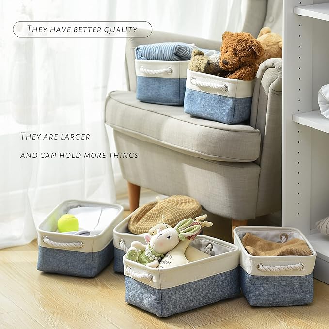 TcaFmac Storage Basket for Shelves - Small 6 Pack Fabric Storage Bins for Organizing, Collapsible Storage Cubes with Handle for Closet Cloth Toy Decorative Gift (White & Blue11.8 x 7.8 x 5.2 inch)