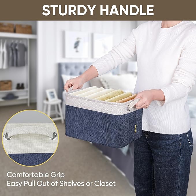 BALEINE 1 Pack Fabric Storage Bins for Shelves, Linen Storage Baskets for Organizing, Decorative Closet Bins for Clothes, Home (Navy Blue, 12"x8"x8")