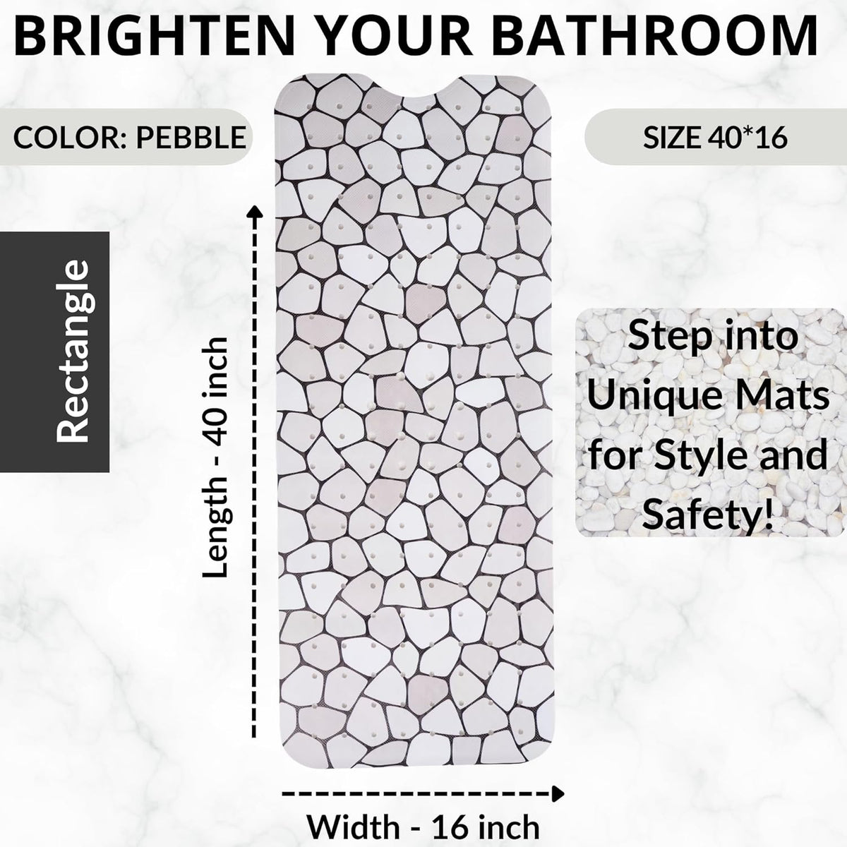 ENKOSI Bath Mat – Large 40 x 16 Inch Non-Slip Bathtub Mat with Secure Suction Cups & Drain Holes – Extra Long Bathroom Shower Mat for Tub with Grey Pebble Design (Grey Pebble 40x16)