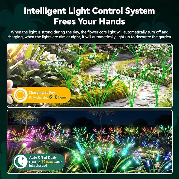 6 Packs Reeds Solar Garden Light with Multiple Color Gradients, 30 Inch Garden Solar Light with 36 Bulbs, Intelligent Light Control System, IP65 Waterproof, Outdoor solar light for decorating Pathway