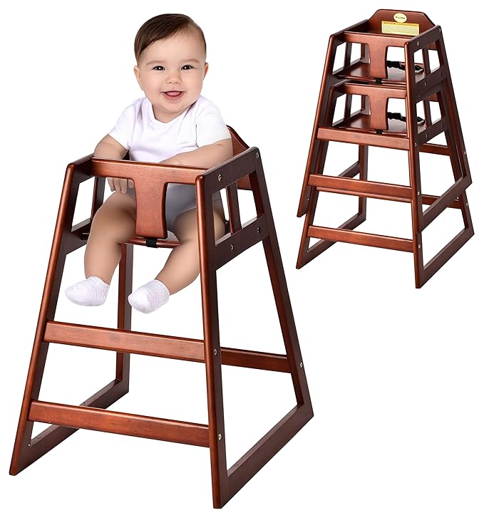 Alpine Wooden High Chairs for Babies and Toddlers with Safety Strap, Commercial Grade Restaurant High Chair, Durable Wood Space Saver Baby Feeding Chair, Ideal for Dining Spaces (2 Pack, Mahogany)