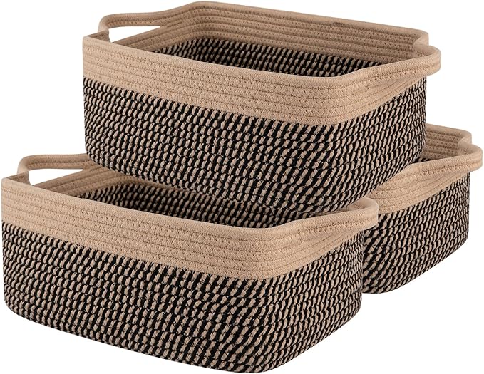 OIAHOMY 3 Pack Storage Baskets for Organizing, Woven Cotton Rope Basket for Shelves, Closet Organizer Bins with Handles, Rectangle Toy Organization, 13.78''×9.84''×5.5'', Brown & Black