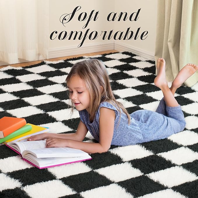 Super Soft Rug for Bedroom, 3x5 Ft Black and White Area Rug Classic Checkered Shaggy Anti-Skid High Pile Soft Fluffy Rug Fuzzy Carpet for Living Room Bedroom Kids Room Nursery, Dorm Home Decor