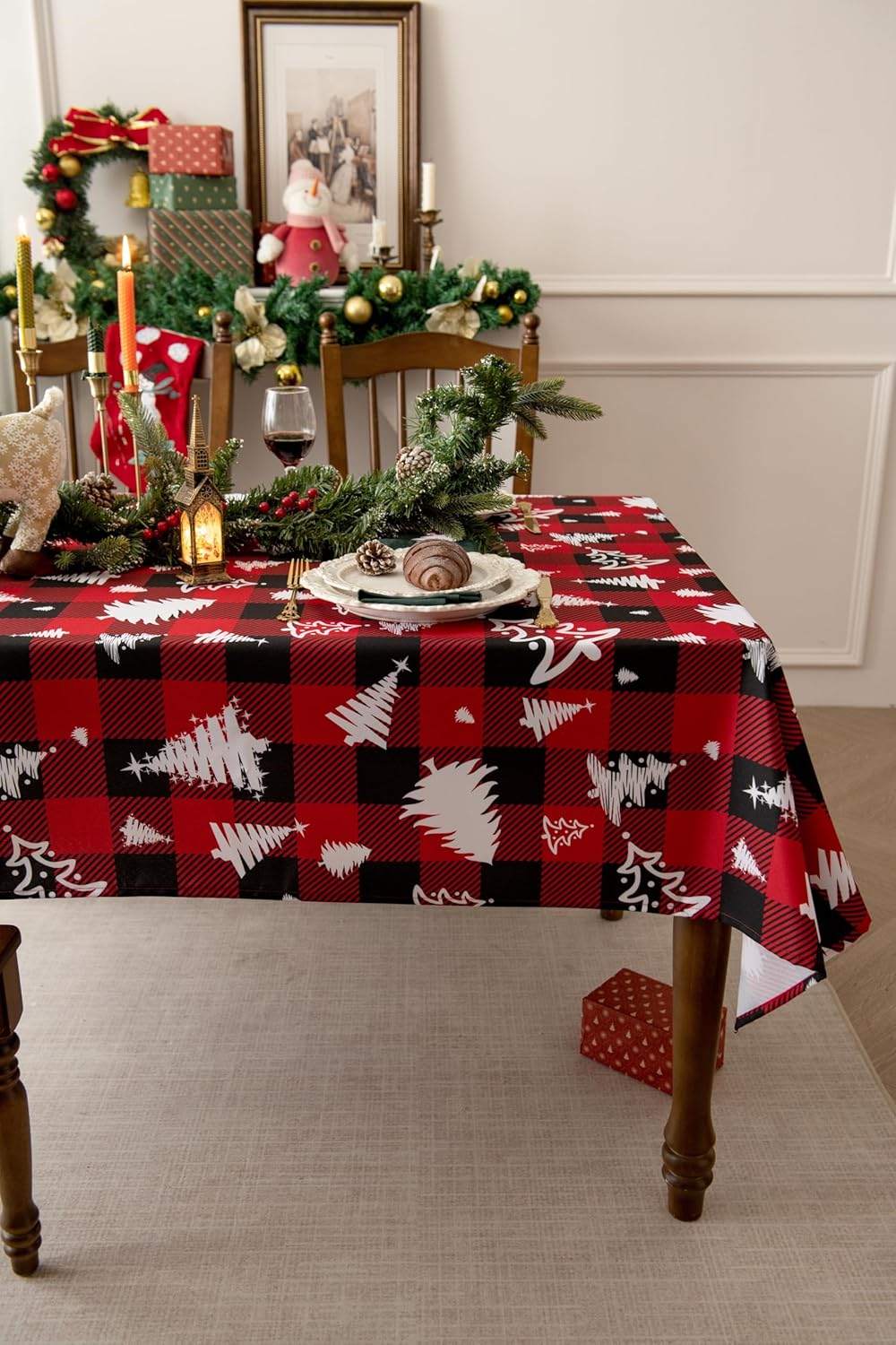 Red Gingham Plaid Christmas Tree Tablecloth - Rectangular 58x102 Inch Water Resistant Table Cloth for Indoor/Outdoor Use - Holiday Table Cover for Kitchen, Picnics, and Parties